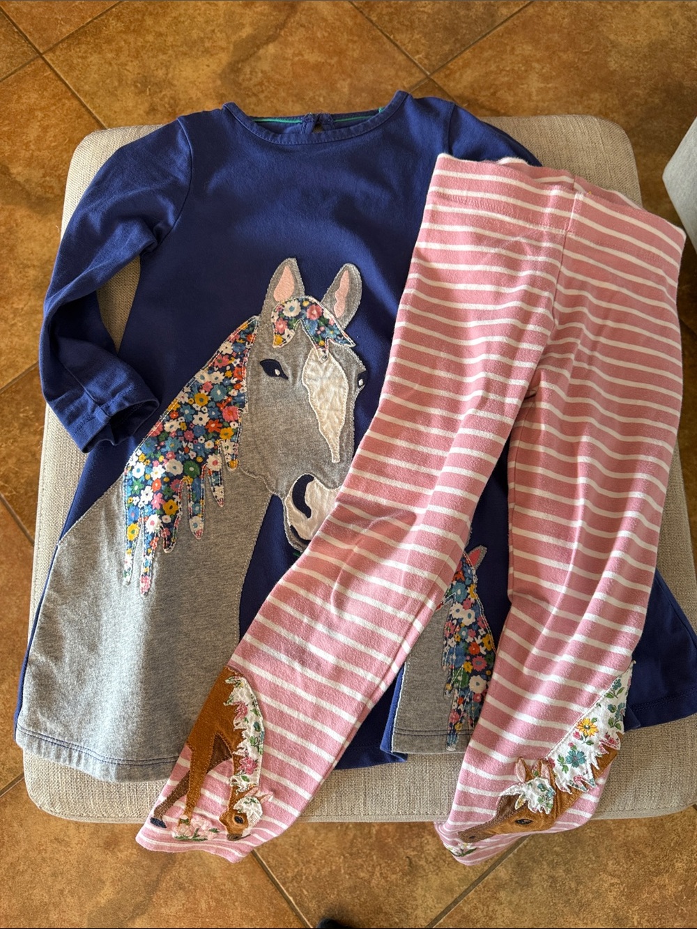 Boden Navy Horse Appliqué Dress Set with Pink Striped Leggings
